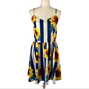 Shein Sunflower Blue White Stripe Spaghetti Strap Knee Length Sundress Size L